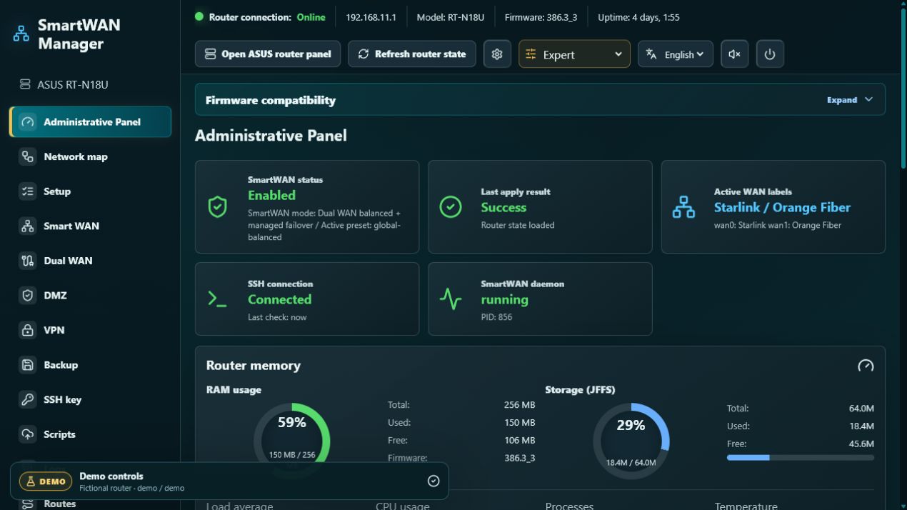 SmartWAN Manager interactive demo administrative panel
